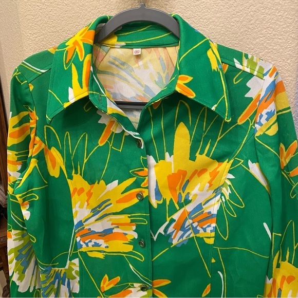 Vintage ALEX GARAY Women Green Yellow Floral Retro Button Shirt Jacket Size 16 - Picture 2 of 7